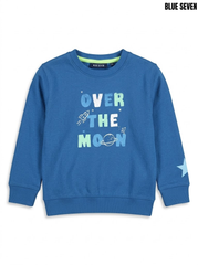 Blue seven Boys Blue Fleece Crewneck Sweatshirt with Space-Themed OVER THE MOON Graphic| SM GARMENTS