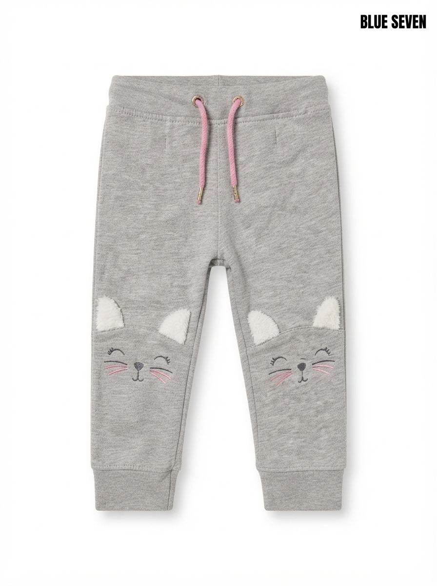Girls' Cat Face Knee Patch Fleece Jogger Pants - Heather Grey