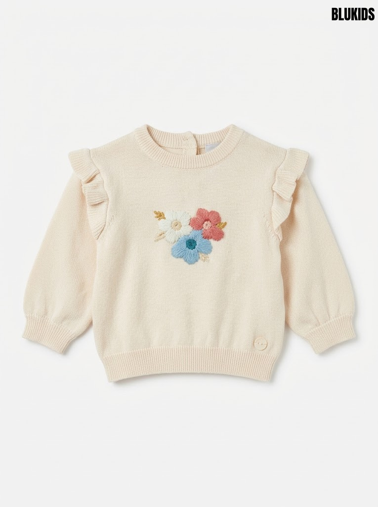 Blukids Girls Cream Floral Embroidered Ruffle-Shoulder Knit Sweater| SM GARMENTS