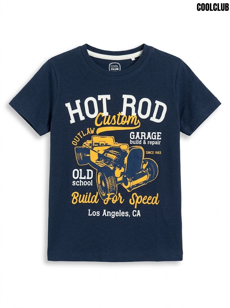 Coolclub Boys Navy Blue Hot Rod Custom Garage Graphic Short-Sleeve T-Shirt| SM GARMENTS