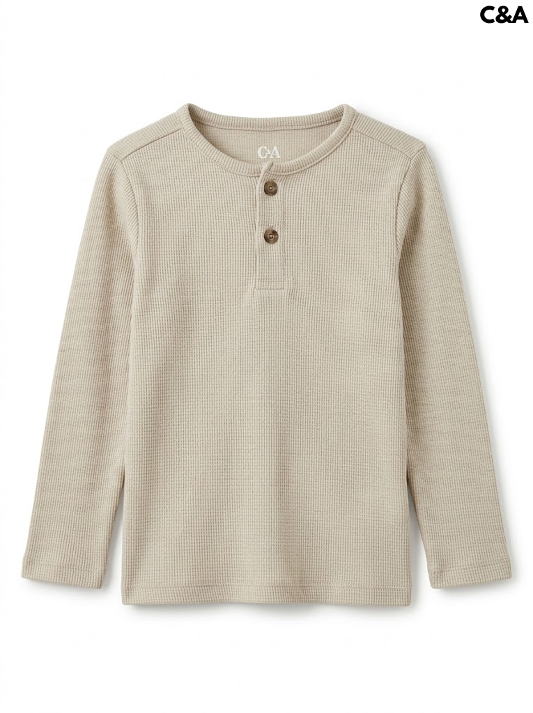 C&A Boys Oatmeal Beige Textured Waffle-Knit Long-Sleeve Henley Shirt| SM GARMENTS