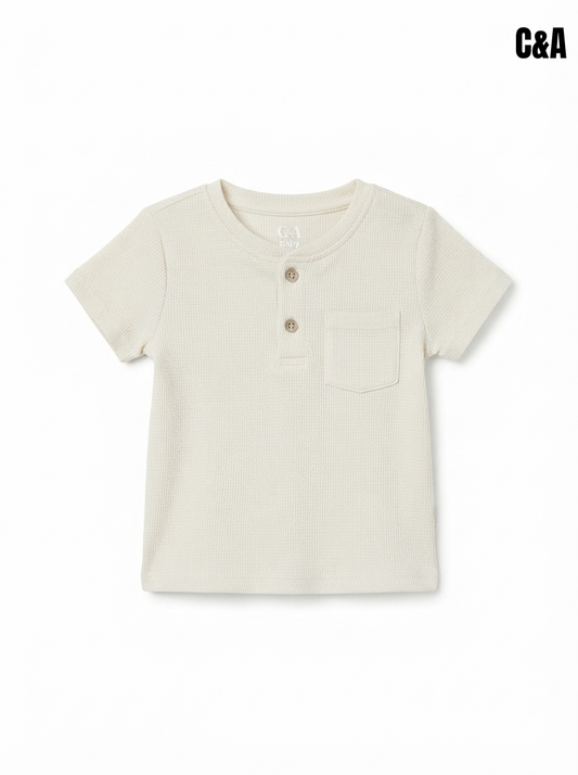 Boys' Cream White Waffle Knit Henley T-Shirt with Chest Pocket | Short Sleeve Casual Toddler Top