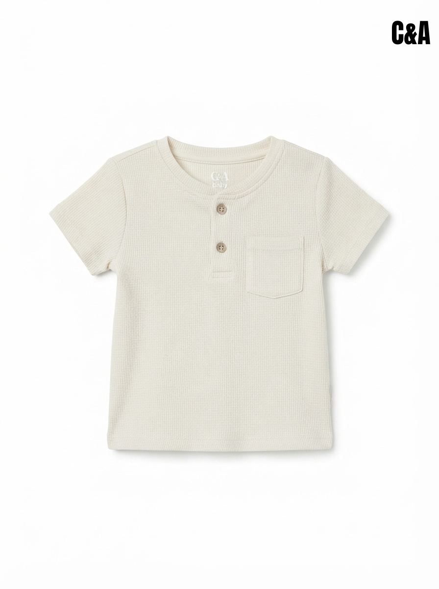 Boys' Cream White Waffle Knit Henley T-Shirt with Chest Pocket | Short Sleeve Casual Toddler Top