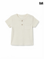 Boys' Cream White Waffle Knit Henley T-Shirt with Chest Pocket | Short Sleeve Casual Toddler Top