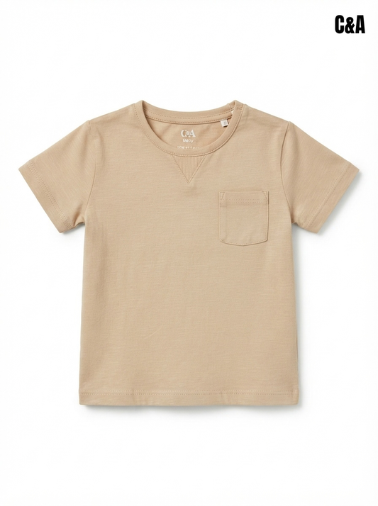 Boys' Khaki Brown Cotton T-Shirt with Pocket | Short Sleeve Casual Toddler Crewneck Top