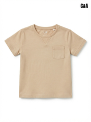 Boys' Khaki Brown Cotton T-Shirt with Pocket | Short Sleeve Casual Toddler Crewneck Top