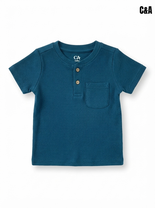Classic Teal Blue Waffle Knit Henley T-Shirt for Toddler Boys