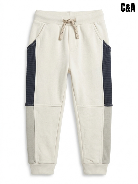 Boys' Off-White Colorblock Joggers – Cream Sweatpants with Textured Side Panels & Drawstring Waist
