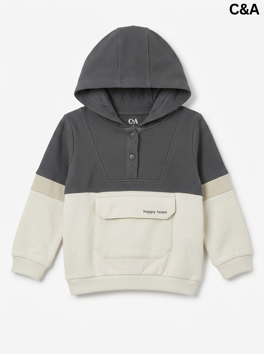Boys' Colorblock Waffle-Knit Hooded Sweatshirt – Charcoal & Cream