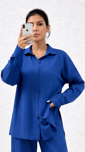 SHEIN Womens Textured Royal Blue Suit Shirt & Wide Leg Trousers Set