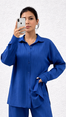 SHEIN Womens Textured Royal Blue Suit Shirt & Wide Leg Trousers Set
