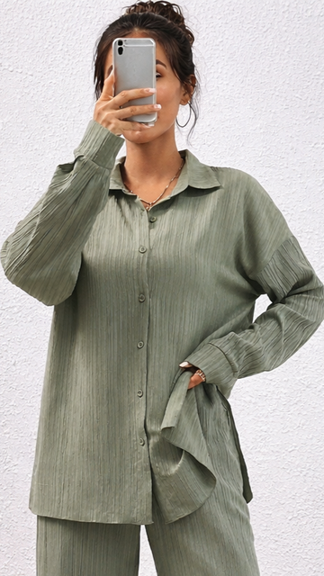 SHEIN Womens Textured Sage Green Suit Shirt & Wide Leg Trousers Set