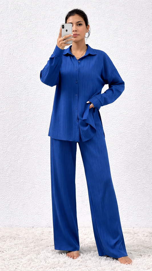 SHEIN Womens Textured Royal Blue Suit Shirt & Wide Leg Trousers Set