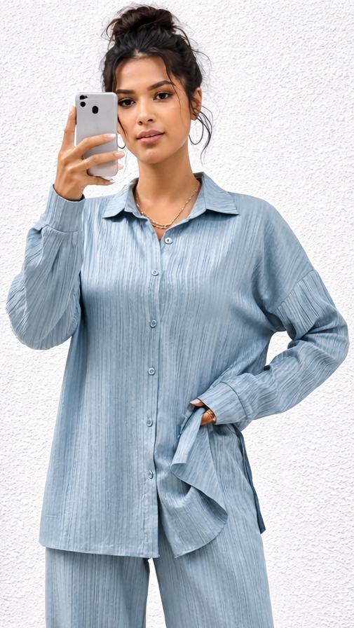 SHEIN Womens Textured Light Blue Grey Suit Shirt & Wide Leg Trousers Set