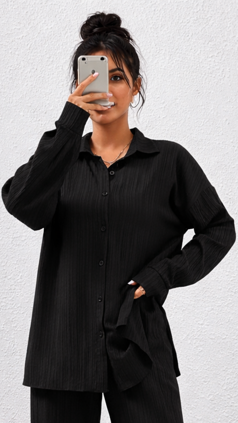 SHEIN Womens Textured Black Suit Shirt & Wide Leg Trousers Set