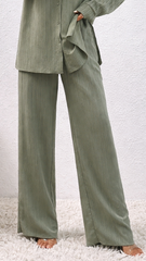 SHEIN Womens Textured Sage Green Suit Shirt & Wide Leg Trousers Set