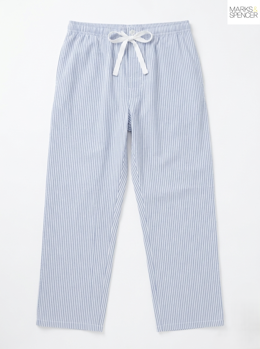 M&S Men's Light Blue Striped Casual Trousers | Relaxed Fit Lounge Pants