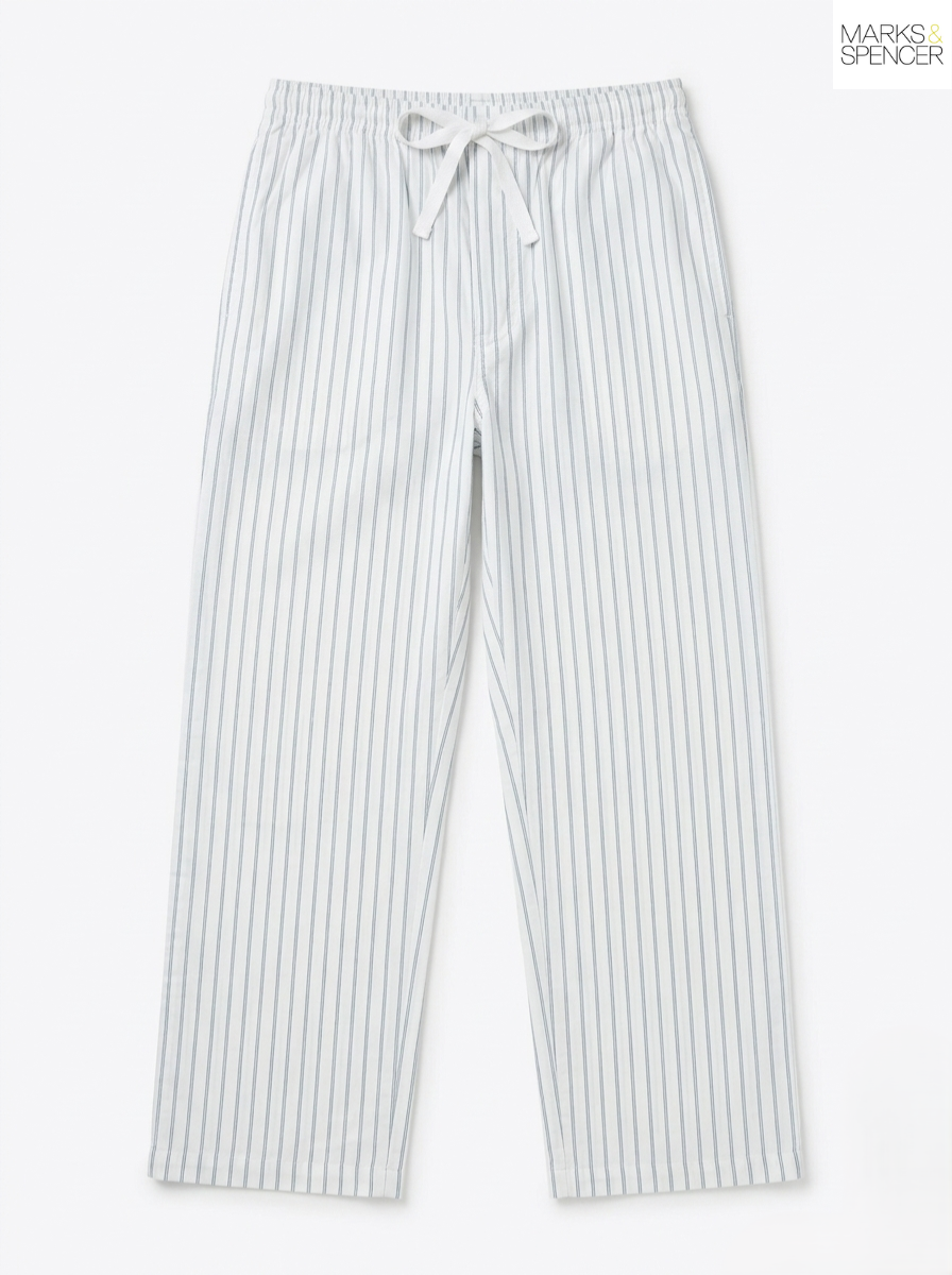 M&S Men's White and Green Striped Casual Trousers with Drawstring Waist