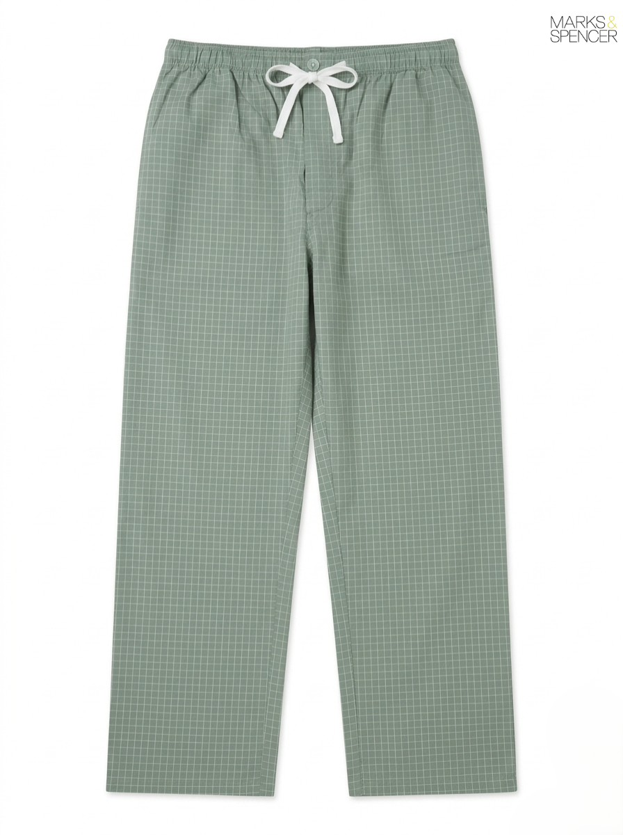 M&S Men's Sage Green Checkered Casual Trousers with Drawstring Waist