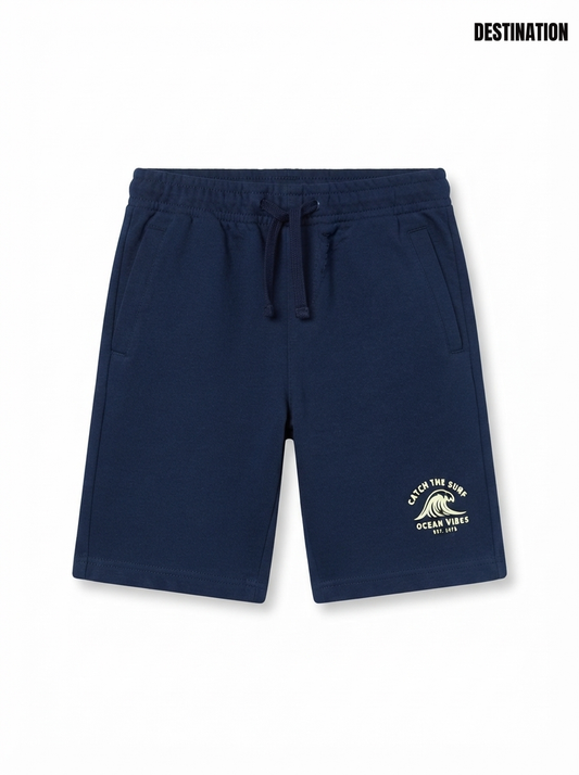 Boys' Navy Blue "Ocean Vibes" Graphic Fleece Shorts