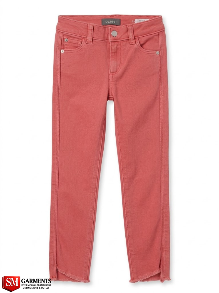 DL Girls Coral Pink Skinny Stretch Jeans with Side Seams and Frayed Step Hems| SM GARMENTS