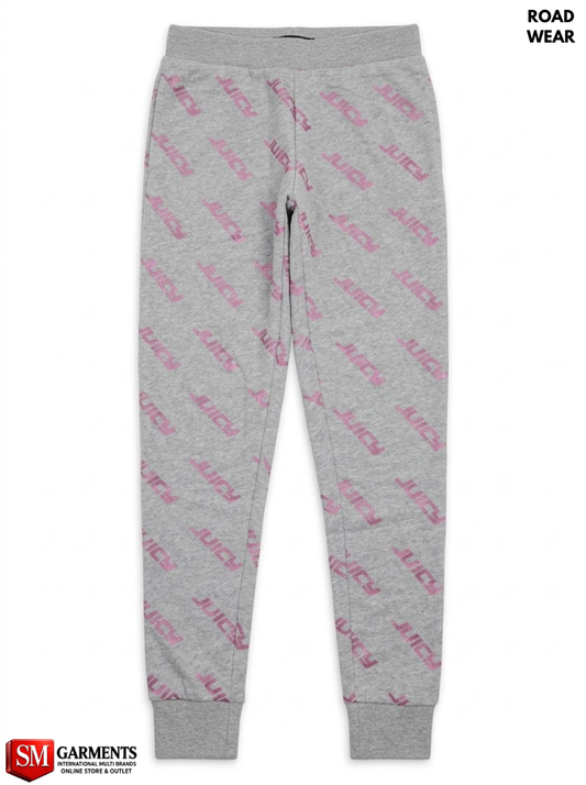 Road Wear Girls' Heather Grey All-Over Pink Print Fleece Jogger Sweatpants| SM GARMENTS