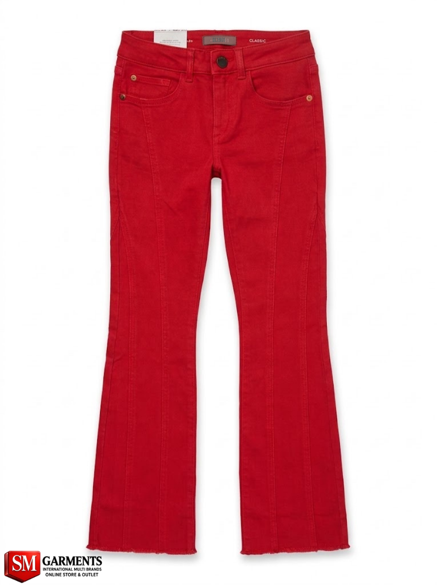 DL Girls Branded Vibrant Red Flared Stretch Jeans with Front Seams and Frayed Hems| SM GARMENTS