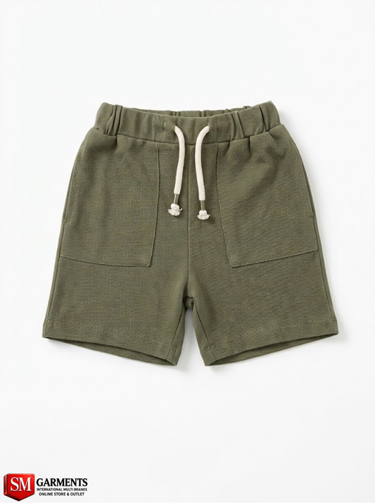 Boys Branded Olive Green Texture-Knit Sweat Shorts with Front Patch Pockets| SM GARMENTS