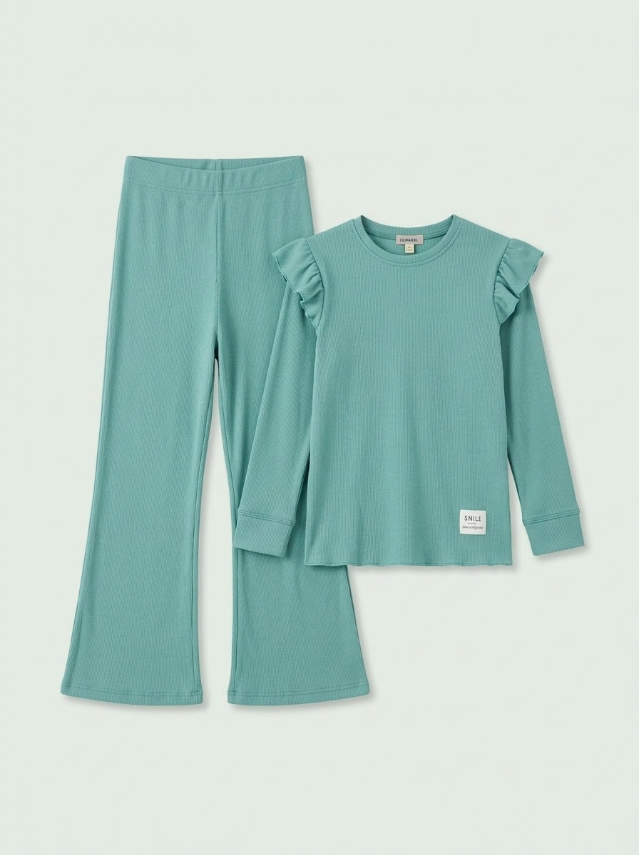 DUPARIEL Girls' 2-Piece Teal Ruffle Shoulder Long-Sleeve Top and Flare Pants Set