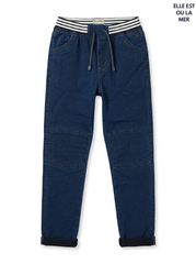 Boys Branded  Dark Blue Striped Waistband Biker Knee Stretch Denim Joggers| SM GARMENTS