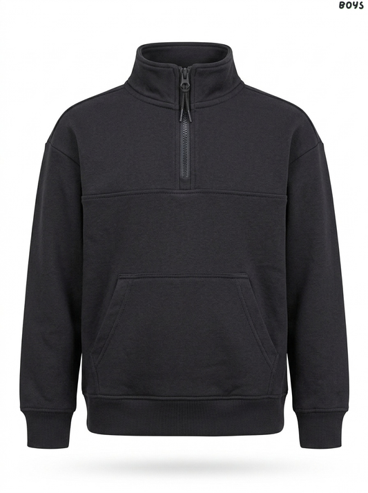 Boys Solid Black Quarter-Zip Fleece Sweatshirt