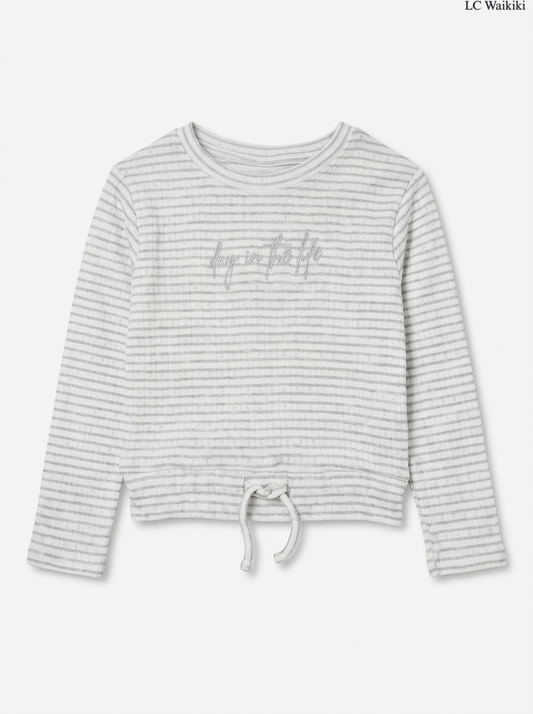Girls Grey Striped Tie-Hem Top