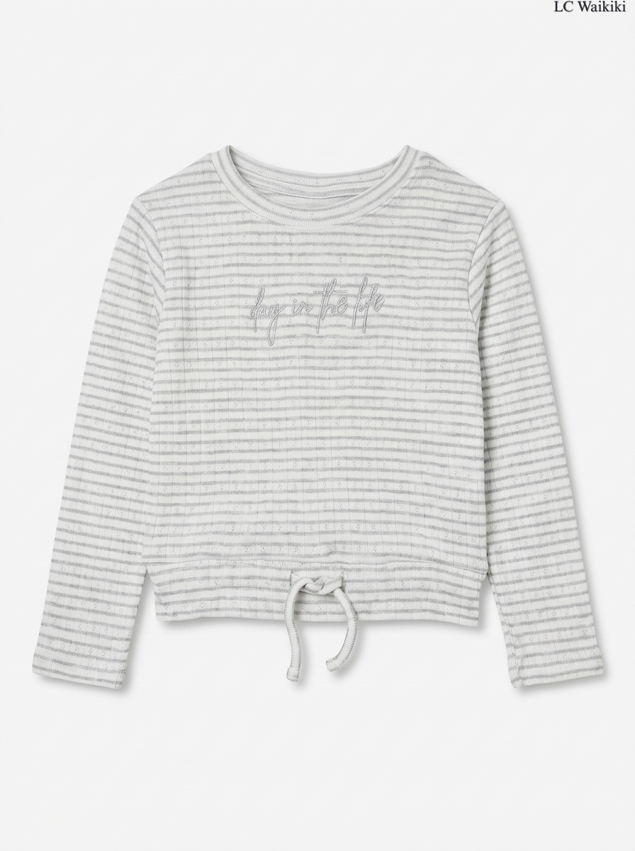 Girls Grey Striped Tie-Hem Top