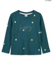 Girls' Teal Waffle-Knit "Happy" Floral Long-Sleeve Top