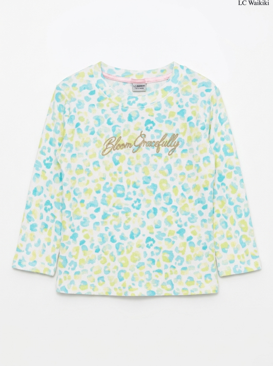 Girls' Pastel Animal Print "Bloom Gracefully" Long-Sleeve Top