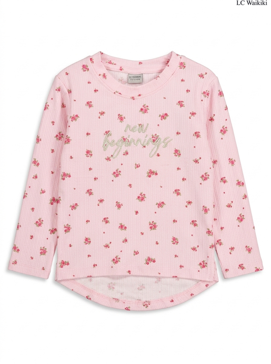 Girls' Pink Floral Print "New Beginnings" Long-Sleeve Top