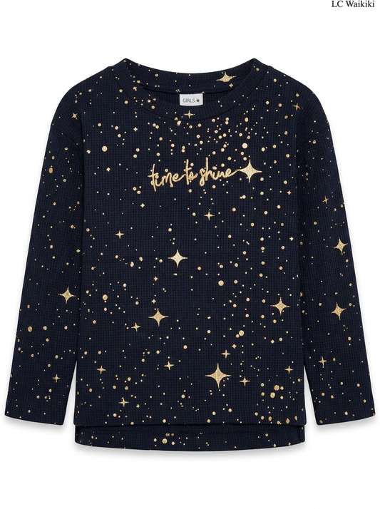 Girls' Black Starry Foil Print "Time to Shine" Long-Sleeve Top