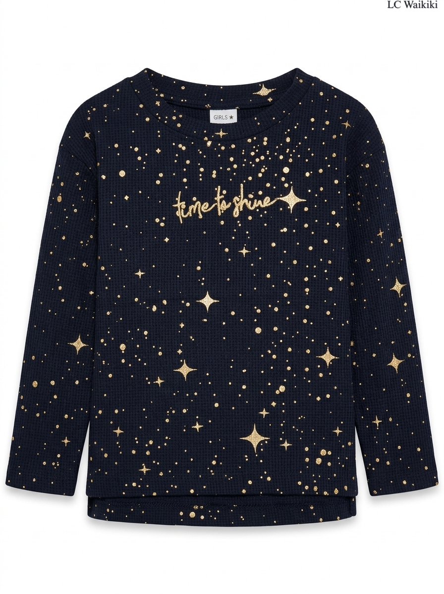 Girls' Black Starry Foil Print "Time to Shine" Long-Sleeve Top