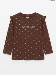 Girls' Brown Floral Ruffle-Sleeve "Explore the World" Long-Sleeve Top