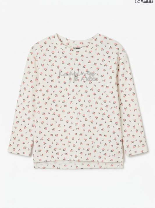 Girls' Off-White Floral Print "Happiness is a Mood" Long-Sleeve T-Shirt
