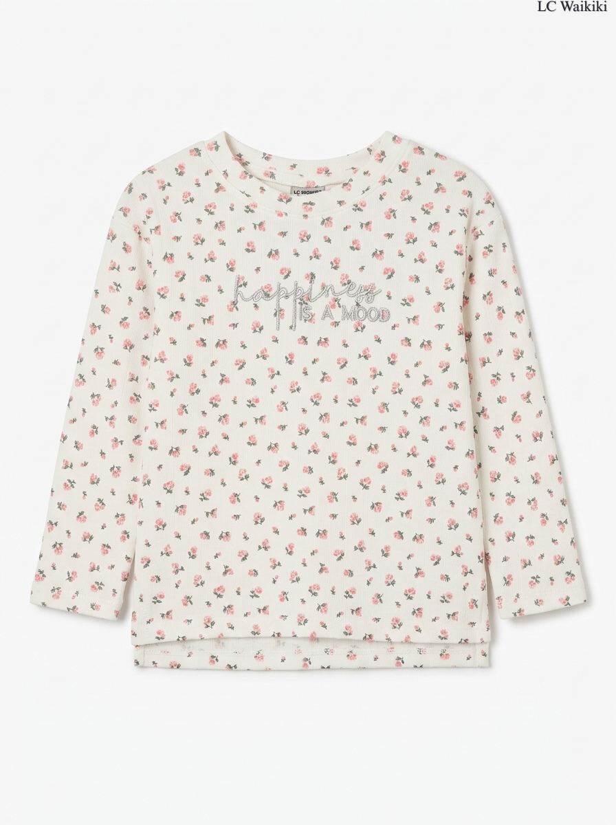 Girls' Off-White Floral Print "Happiness is a Mood" Long-Sleeve T-Shirt