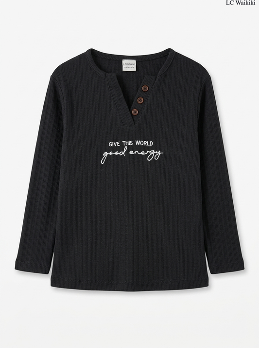 Girls' Black Henley "Good Energy" Long-Sleeve T-Shirt