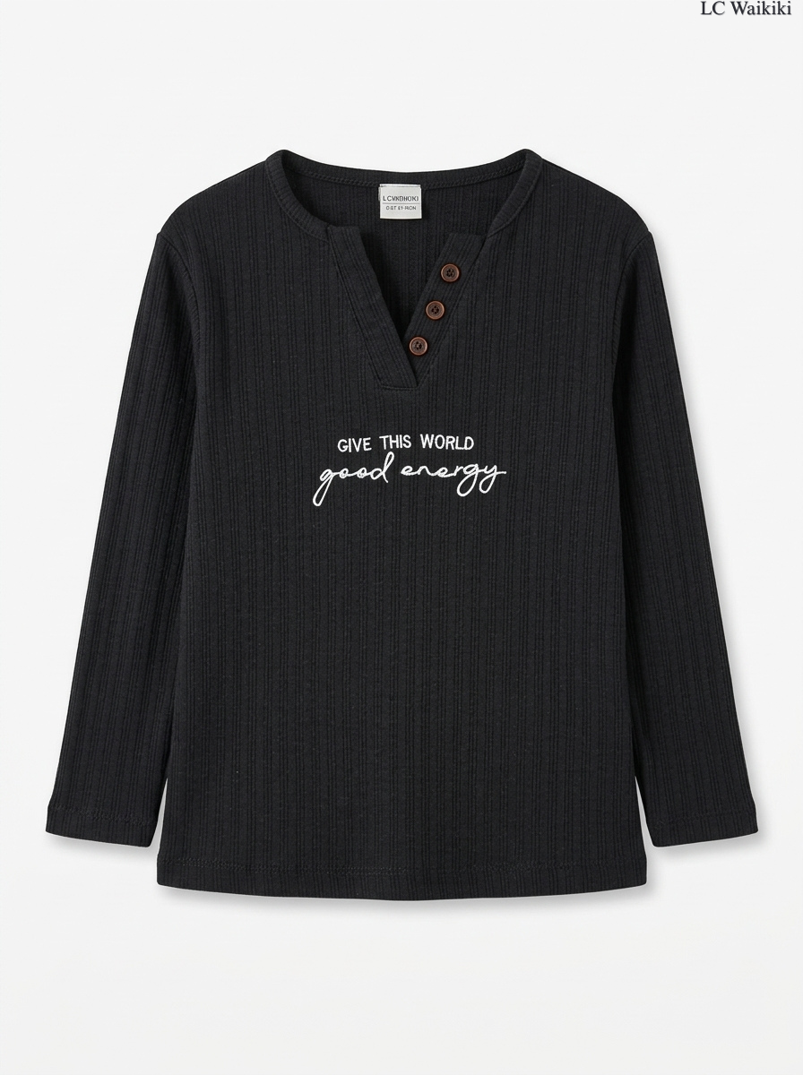 Girls' Black Henley "Good Energy" Long-Sleeve T-Shirt