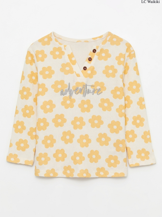 Girls' Yellow Floral Print Henley "Adventure" Long-Sleeve T-Shirt