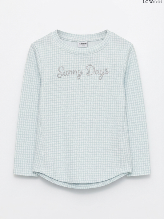 Girls' Mint Green Houndstooth "Sunny Days" Long-Sleeve T-Shirt