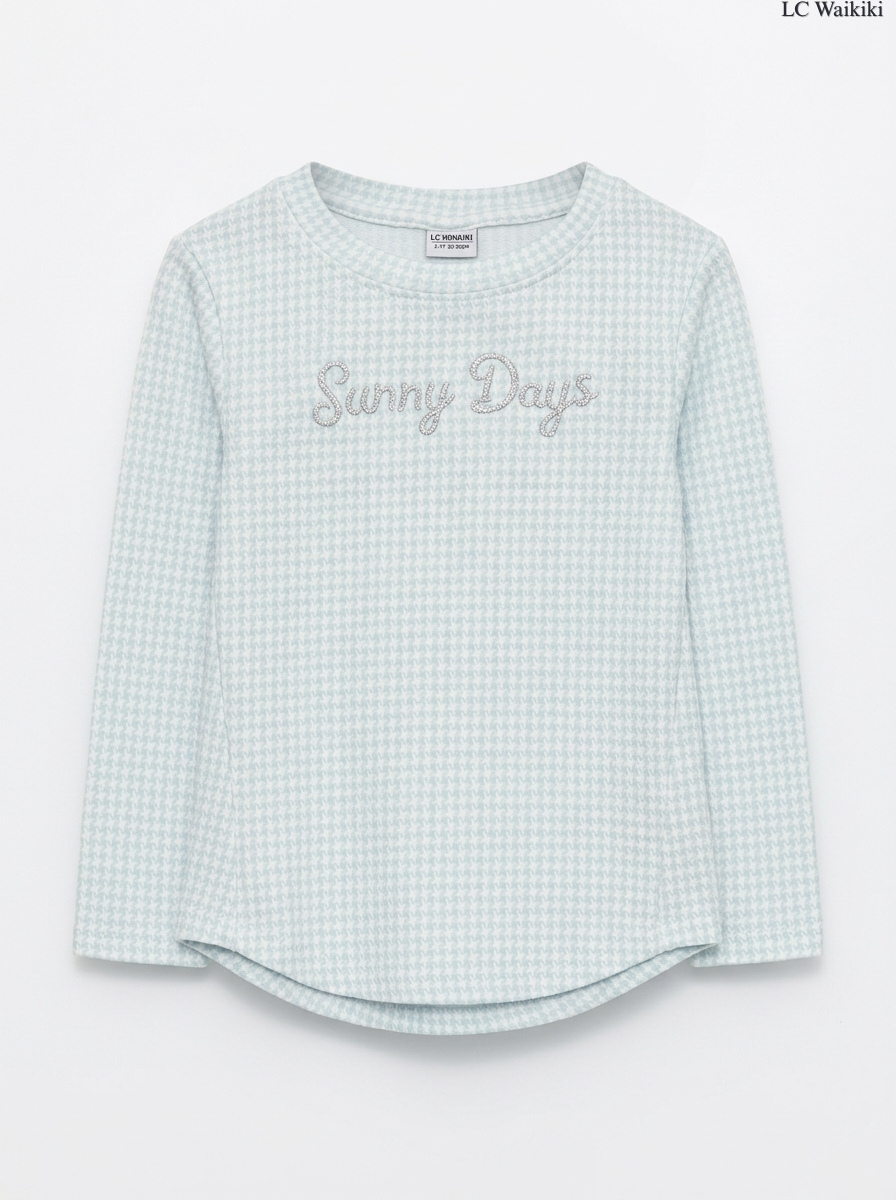 Girls' Mint Green Houndstooth "Sunny Days" Long-Sleeve T-Shirt