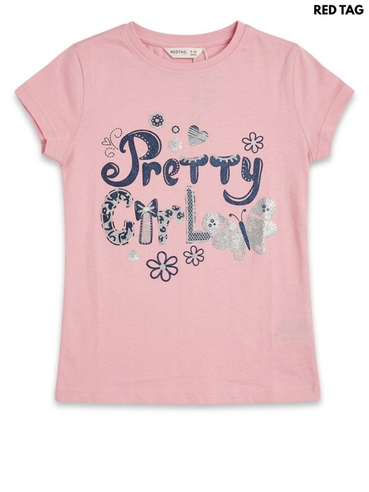 Red Tag Girls' Light Pink "Pretty Girl" Glitter Graphic Short-Sleeve T-Shirt| SM GARMENTS