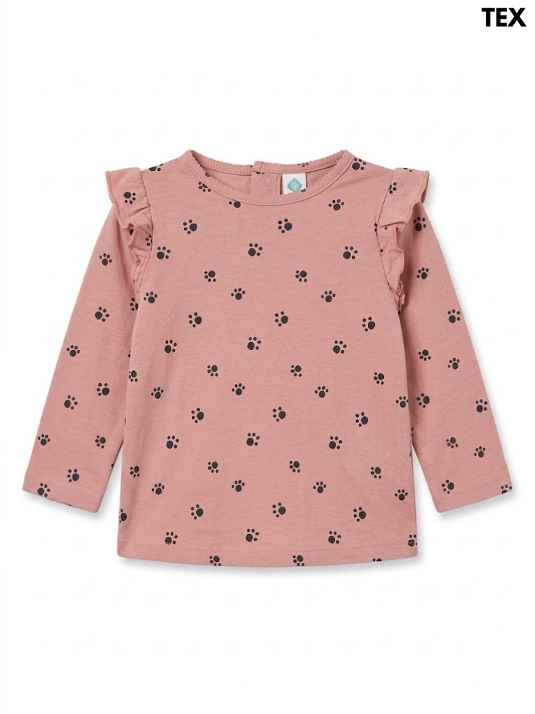 Girls' Dusty Pink Paw Print Long-Sleeve Ruffle Top | SM Garments