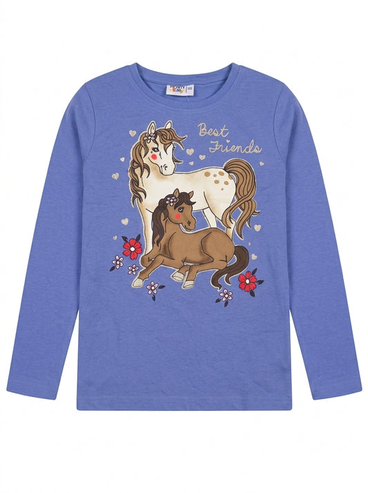 Girls' Blue Horse Graphic Long-Sleeve T-Shirt - "Best Friends" Print