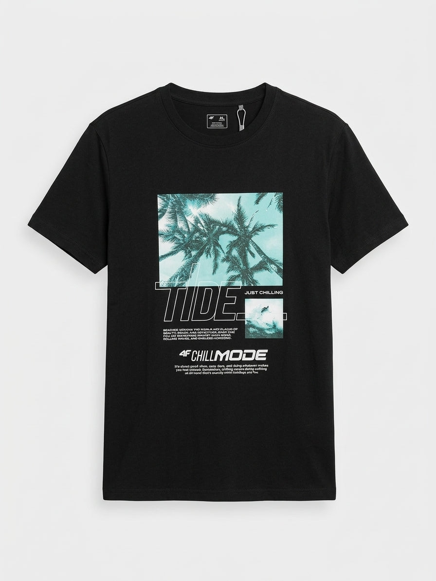 Men's Imported Quality Black Tropical Graphic T-Shirt Casual Crewneck